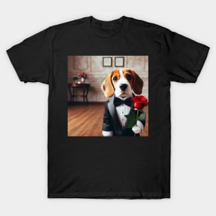 Beagle dog in formal tuxedo carrying red rose T-Shirt